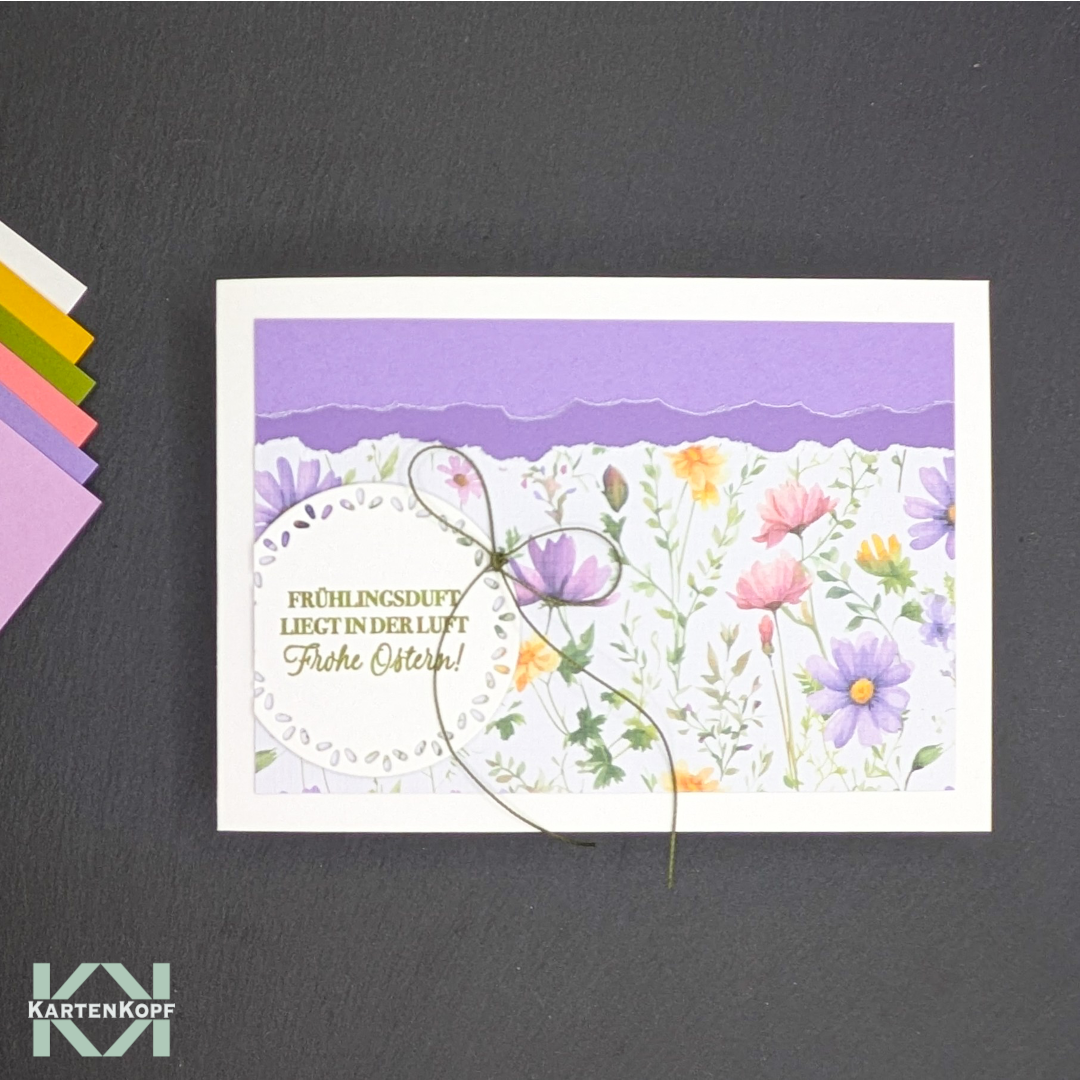 Osterkarte mit Blumenwiese - Frühlingsduft liegt in der Luft - Frohe Ostern!