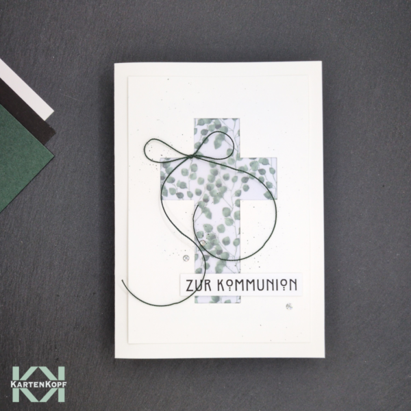 Karte zur Kommunion - Kreuz hinterlegt mit Transparentpapier und Blättermotiv