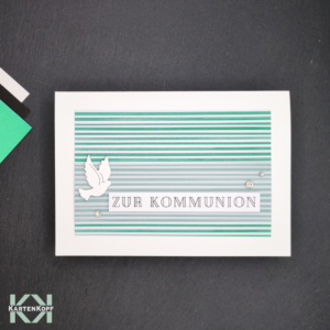 Karte zur Kommunion mit türkisen Streifen und Taube