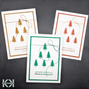 3er-Set handgemachte Weihnachtskarten Tannenbaum-Pyramide – festliches Grün, warmes Rot, warmes Goldbraun