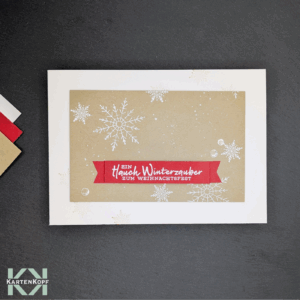 Weihnachtskarte Schneeflocke auf Kraft, rotes Banner – handgemacht
