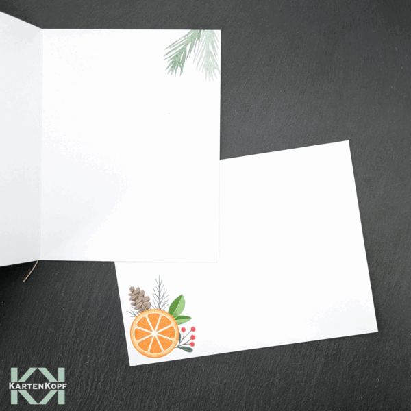 Innenansicht Weihnachtskarte Orangen mit Tannenzweig