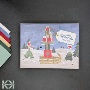 Weihnachtskarte Geschenkestapel Schlitten nachtblau – handgemacht