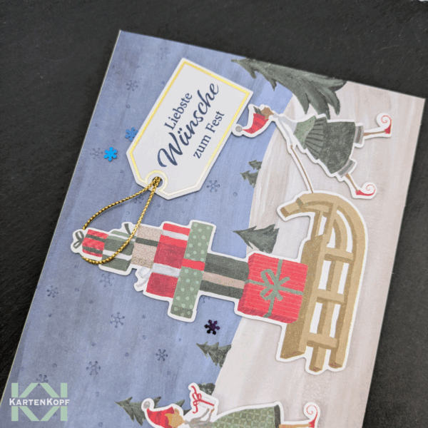 Detail Geschenke Schlitten Etikett Goldkordel – handgemacht