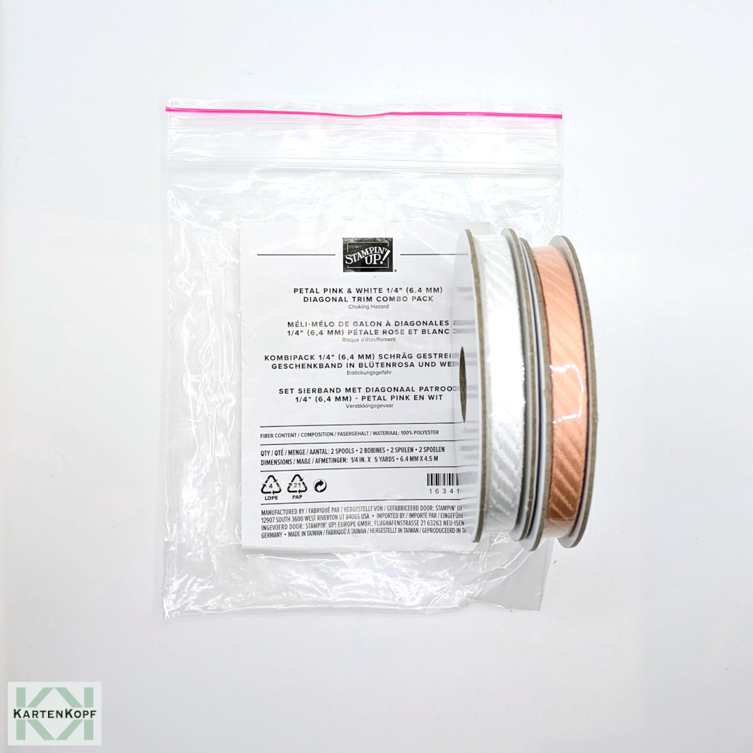 Kombipack 1/4" (6,4mm) Schräg gestreiftes Geschenkband in Blütenrosa und Weiß, neu & OVP