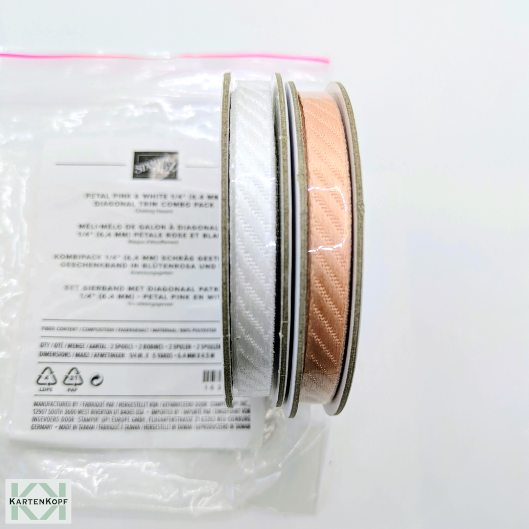 Kombipack 1/4" (6,4mm) Schräg gestreiftes Geschenkband in Blütenrosa und Weiß, neu & OVP – Bild 2