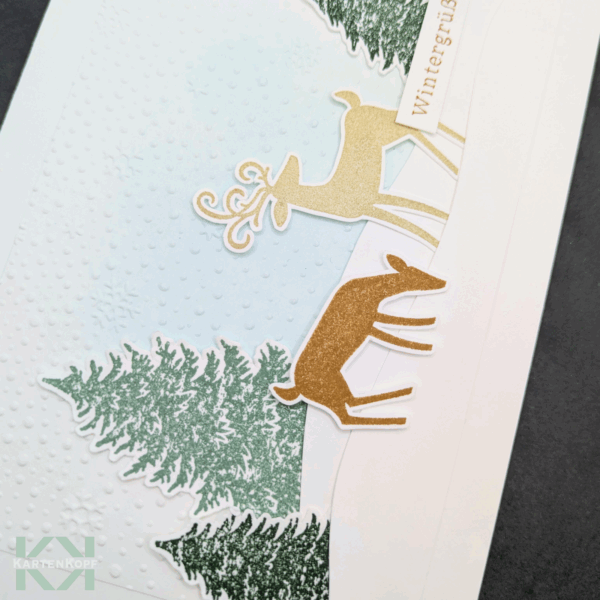 Detail Schneefall-Prägung mit goldenen Hirschen, handgemacht